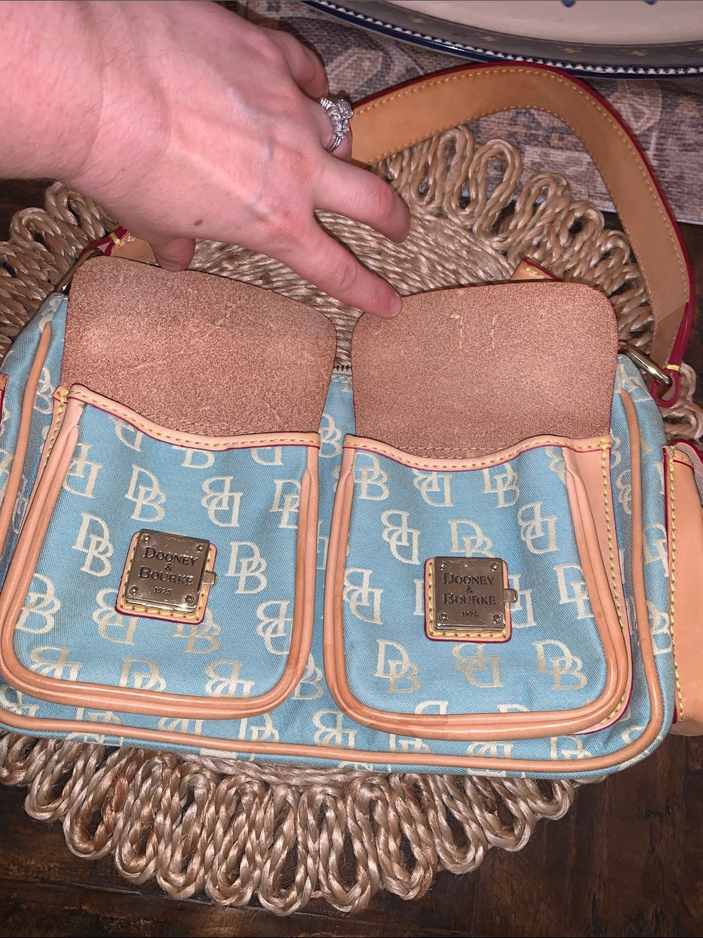 Dooney & Bourke Light Blue Logo Canvas Shoulder Bag with Tan Leather Trim - Picture 11 of 13